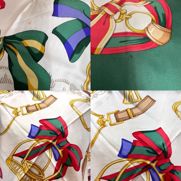Vintage Gucci 100% Silk Satin Scarf 34" Ivery Green Red Bow Italy Made (45) - Picture 5 of 15